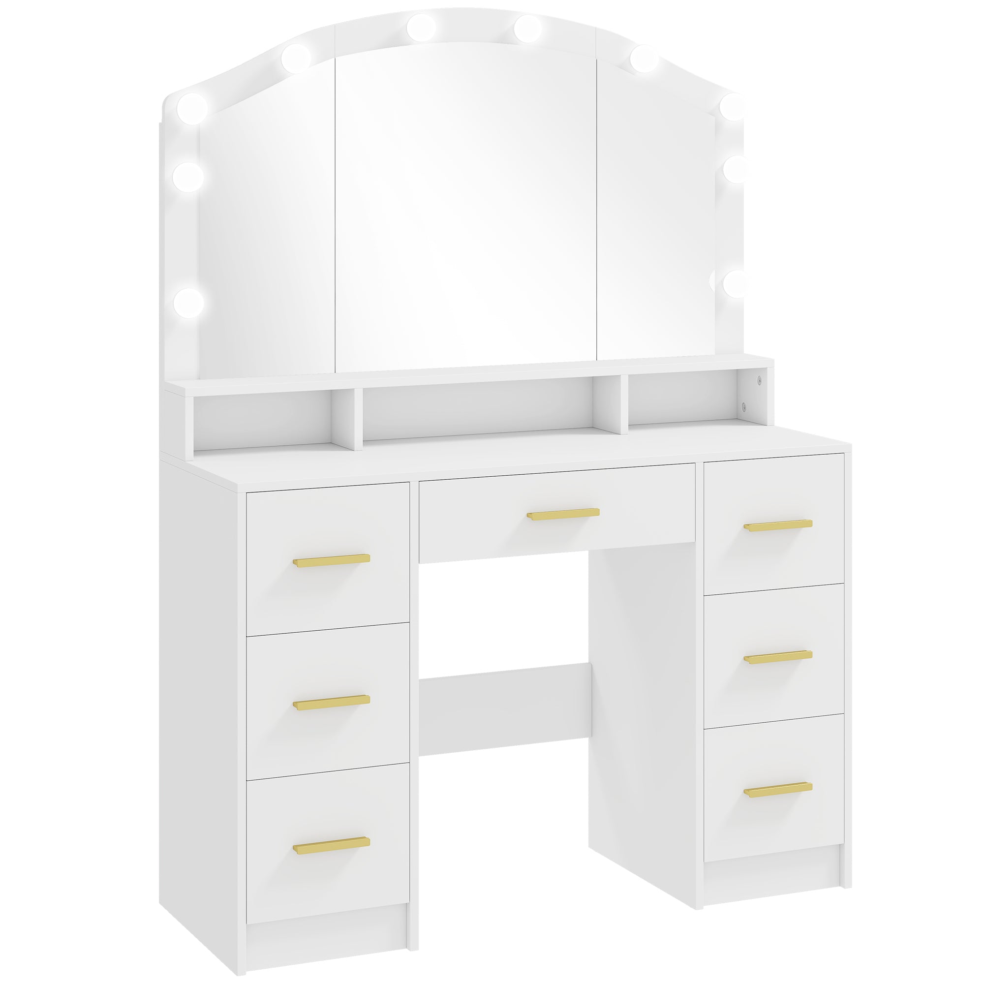 Toiletbord med 10 LED Hollywood-lamper, spejl, 7 skuffer, 3 rum, MDF, hvid