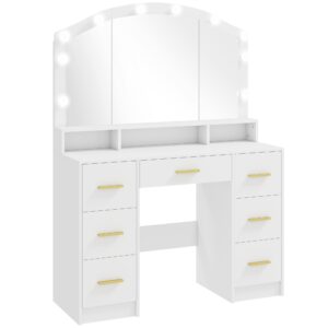 Toiletbord med 10 LED Hollywood-lamper, spejl, 7 skuffer, 3 rum, MDF, hvid